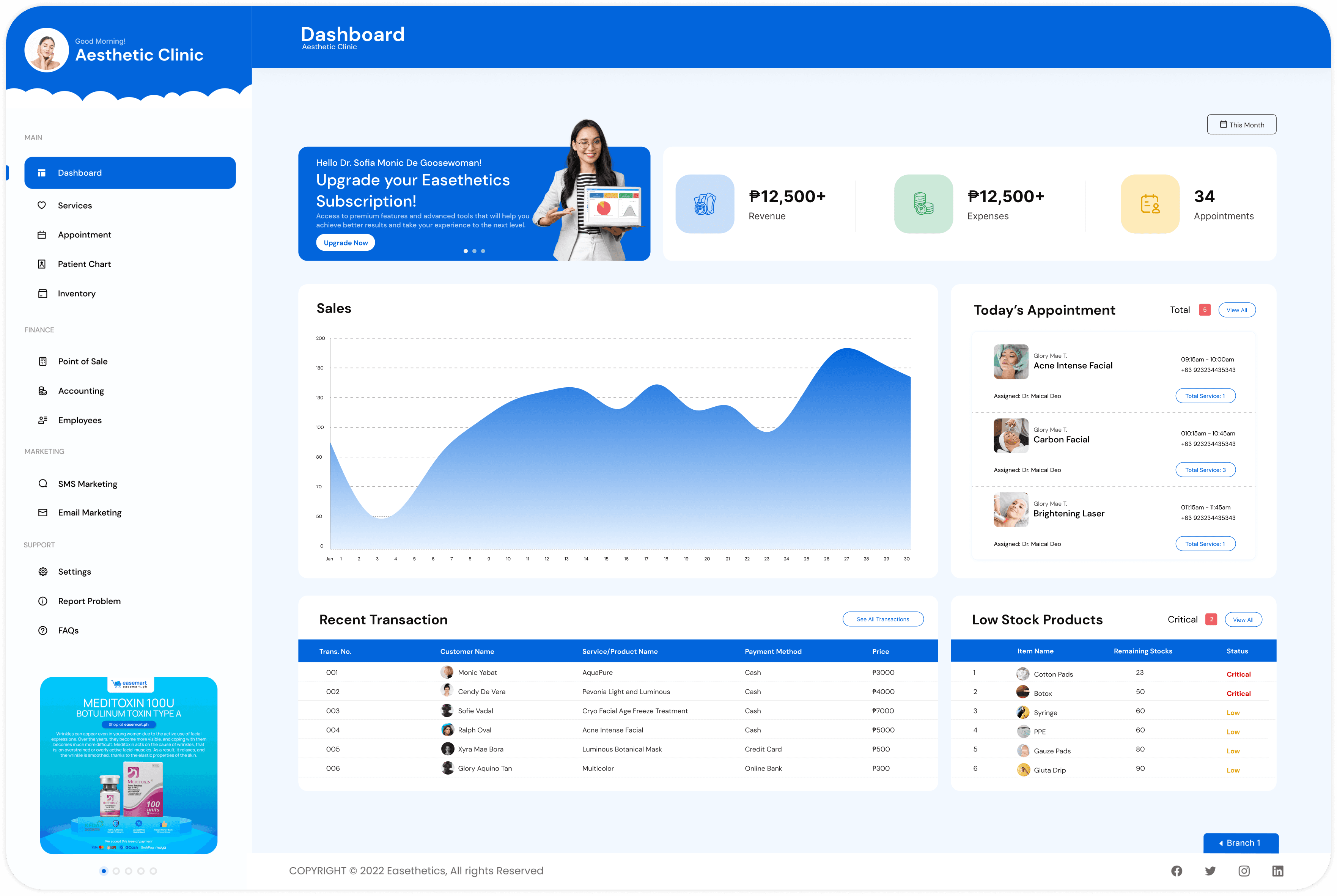 Easethetics dashboard showing today's appointments, sales, and low-stock alerts
